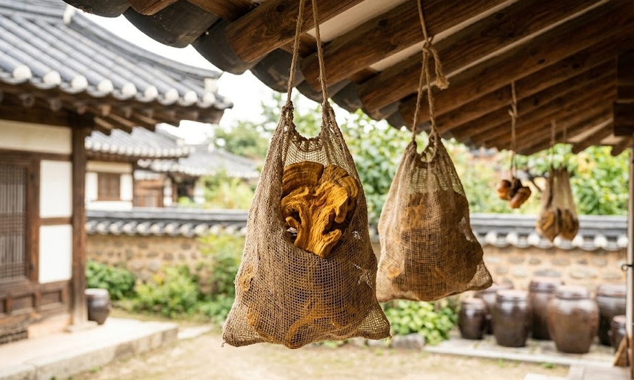 [전통 보관 컷]: 통풍이 잘되는 삼베 주머니에 담겨 한옥 처마 그늘 아래 걸려 있는 자연 건조 상황버섯 풍경
