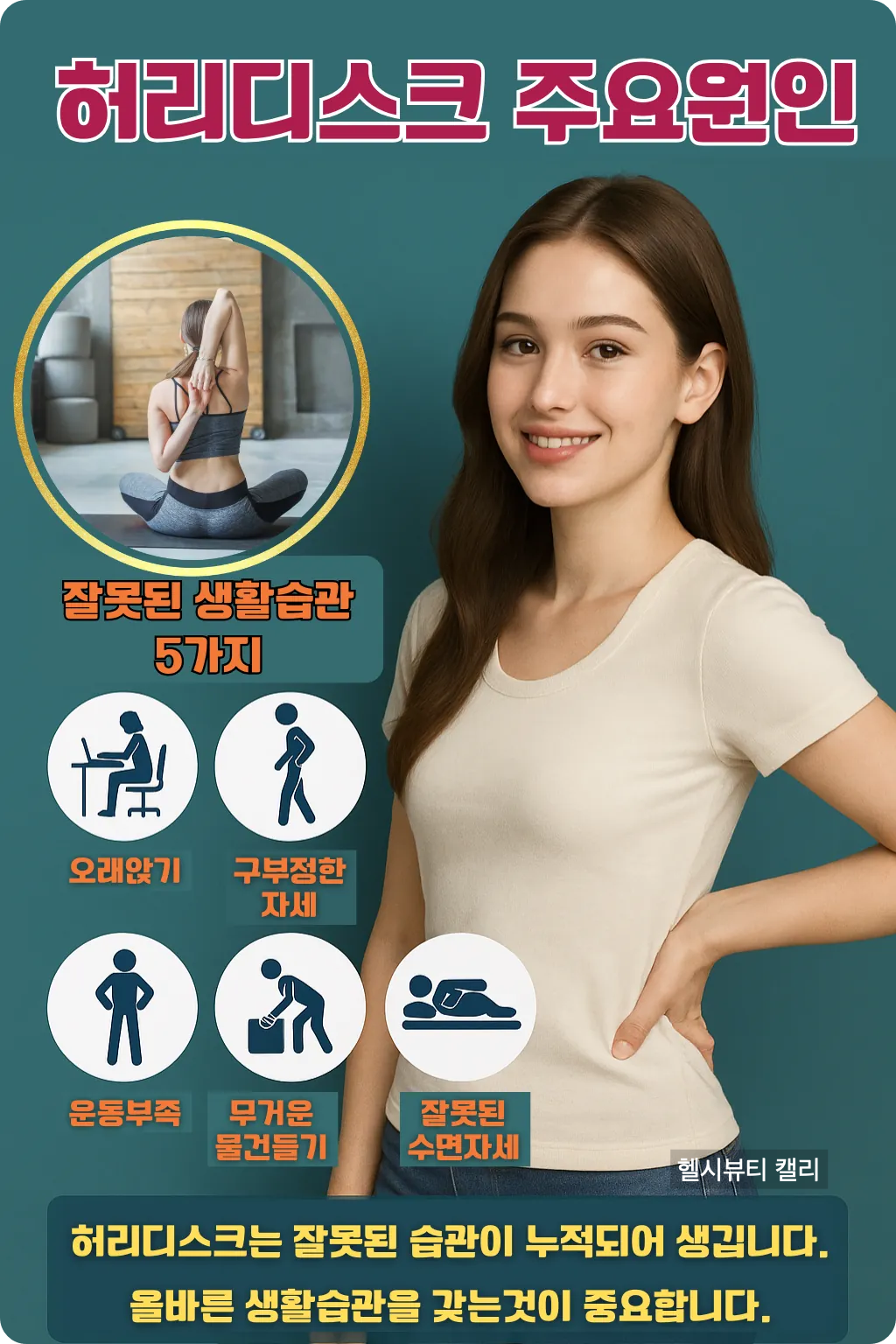 허리디스크 주요 원인을 설명하는 여성과 아이콘 인포그래픽