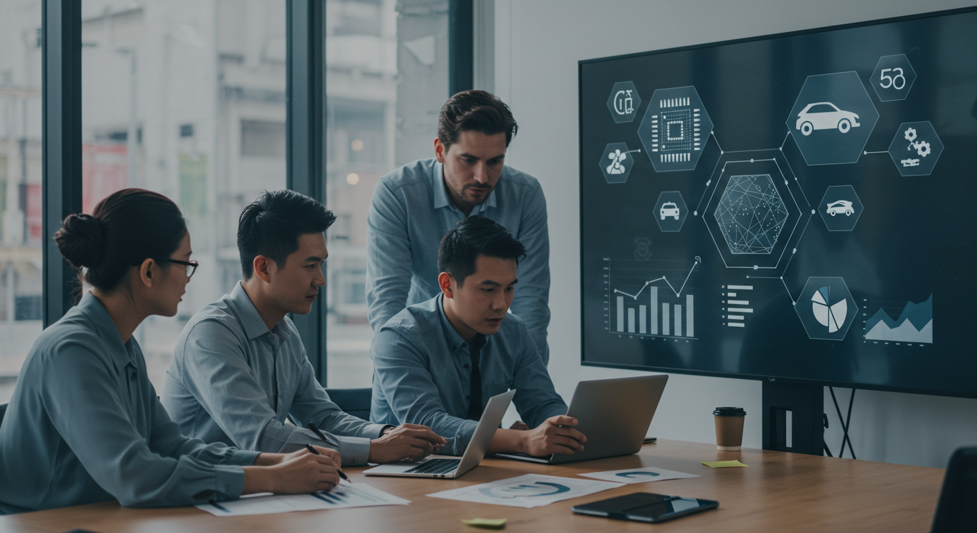 직장인들이 회의실에서 반도체, 게임, 자동차 산업의 데이터를 보며 토론하는 장면. 스크린에는 각 산업을 상징하는 아이콘과 그래프가 시각화되어 있음.