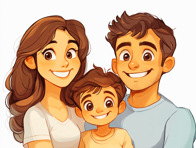 젊은 가족의 모습이다. 갈색머리 엄마와 아빠, 어린 아들이 그 사이에 서서 환하게 웃는다.