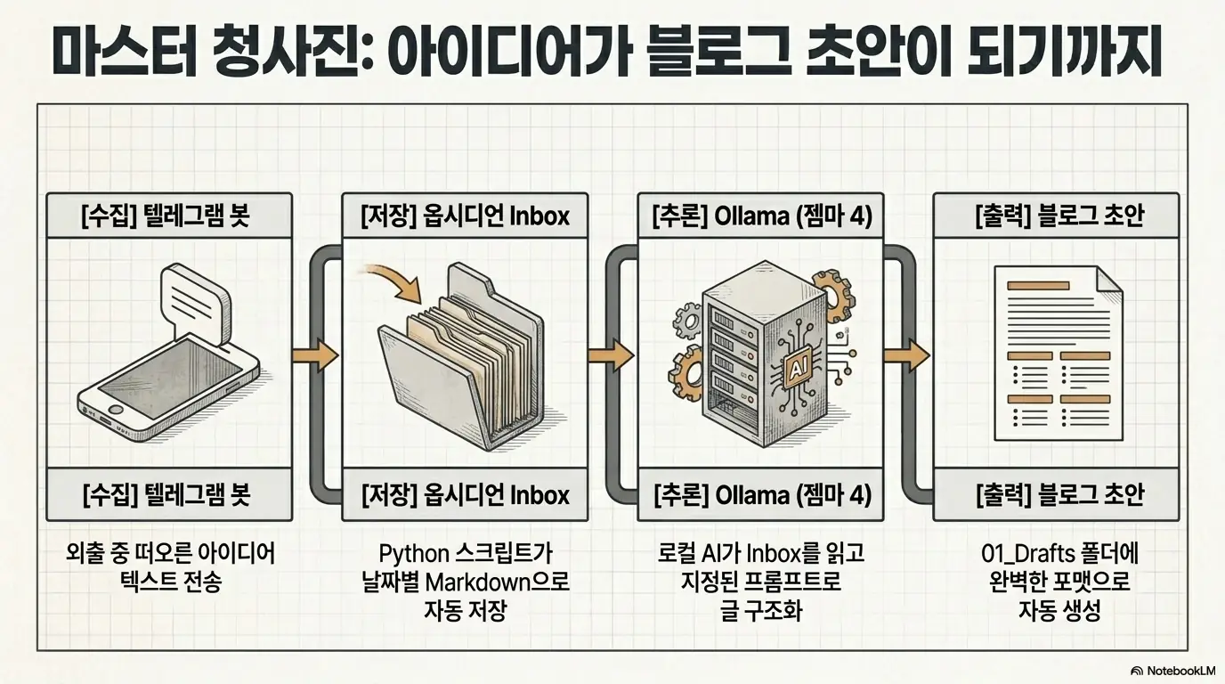 젬마 4 사용법: 텔레그램 봇으로 아이디어를 수집하고 옵시디언 Inbox에 마크다운으로 자동 저장한 뒤 Ollama 젬마 4가 읽고 구조화하여 블로그 초안을 자동 생성하는 4단계 파이프라인 전체 흐름을 보여주는 이미지