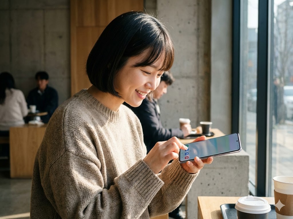 내비게이션 바 문제가 해결된 스마트폰을 만족스럽게 사용하는 여성.