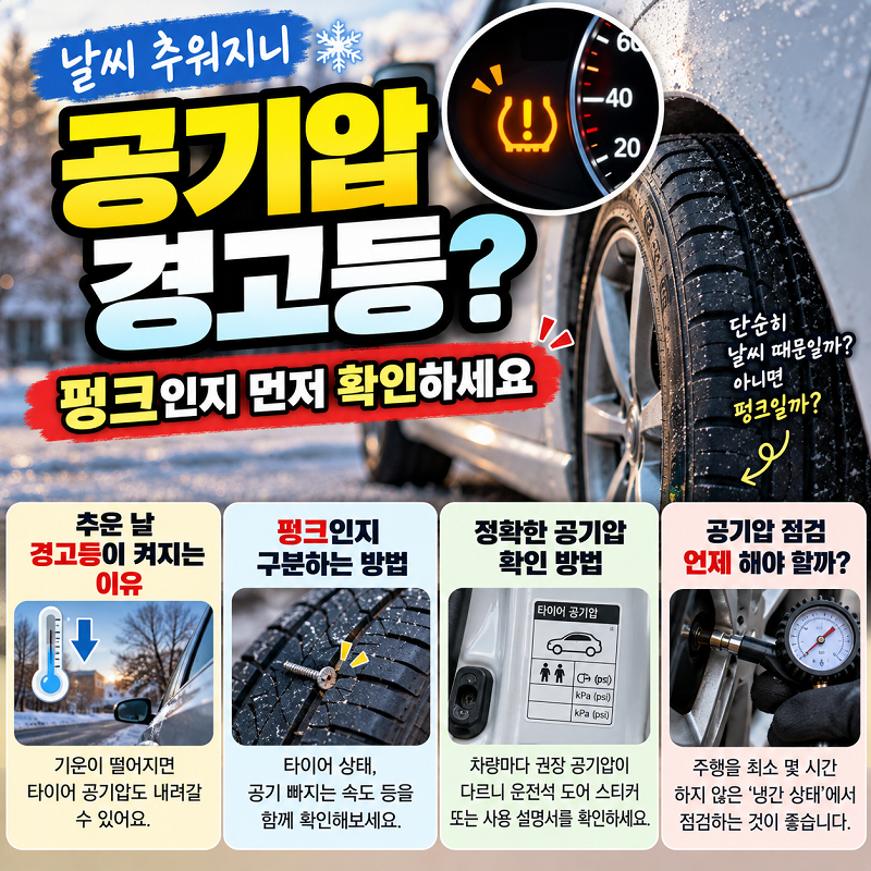 추운 날 타이어 공기압 경고등 펑크 확인과 적정 공기압 점검