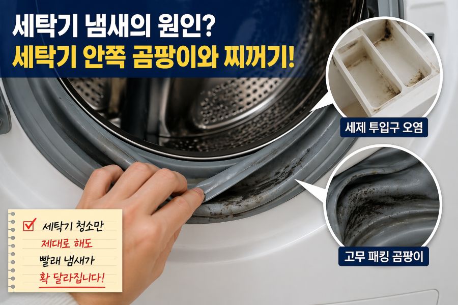 세탁기 고무패킹 곰팡이와 세제 투입구 오염으로 발생하는 빨래 냄새 원인