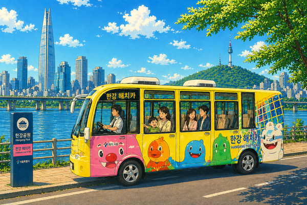 한강을 달리는 해치카 일러스트 이미지