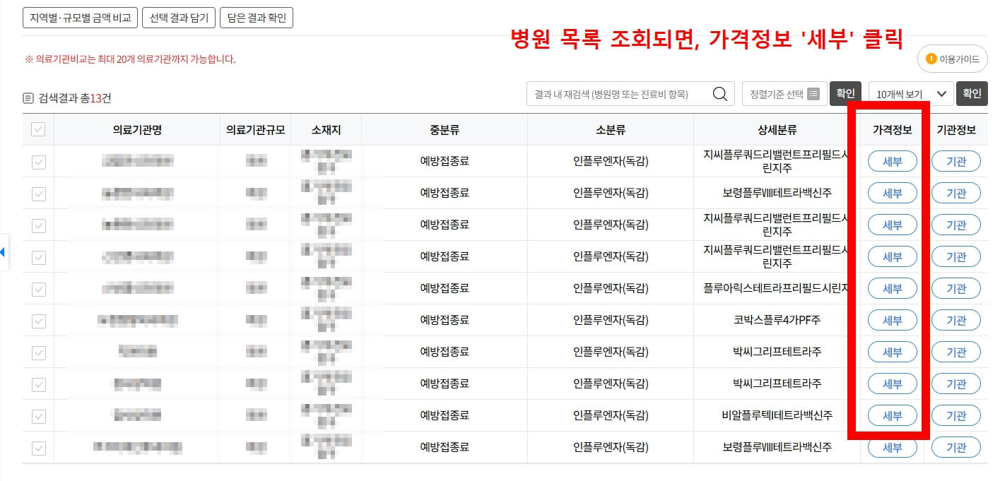 독감예방접종 비용 검색 방법