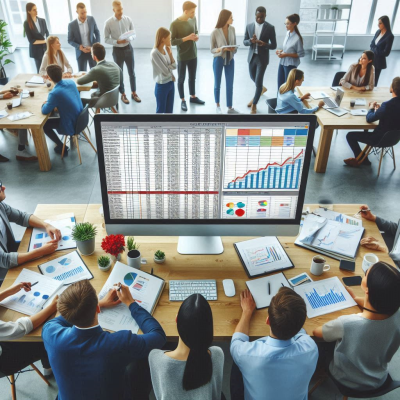 여러 명의 사람들이 데이터를 분석하는 회의실에서 토론 중.