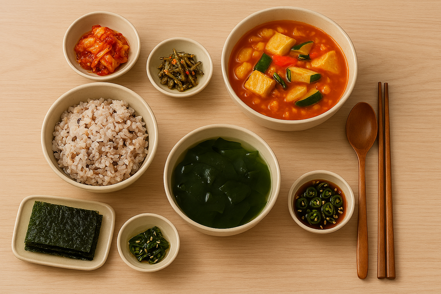 미역, 다시마, 김을 이용한 음식 차림 이미지