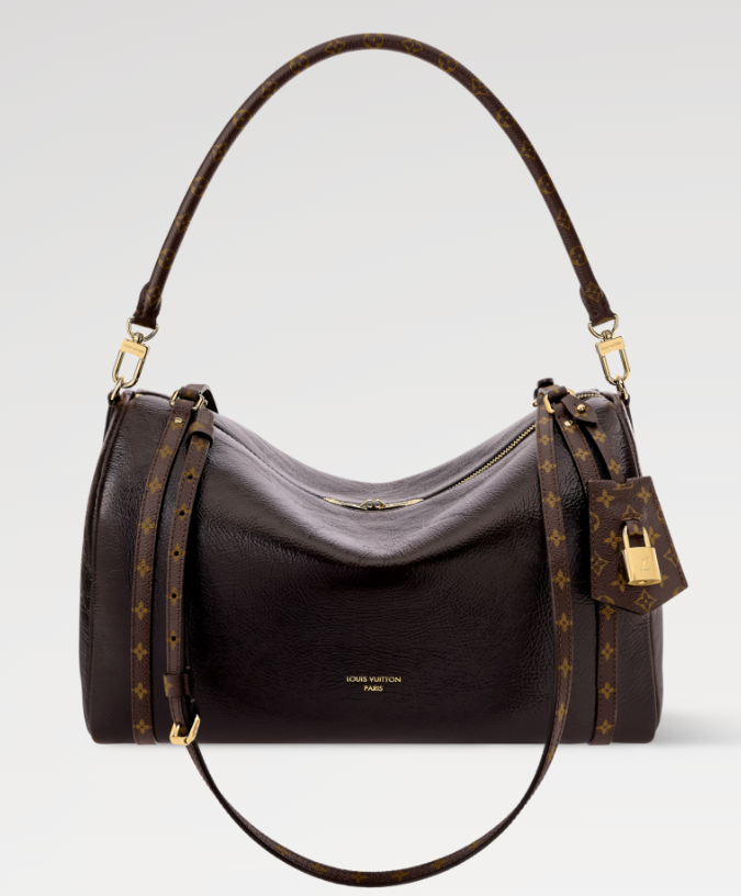 루이비통 익스프레스 MM 가방 정면, 카프스킨과 모노그램 스트랩 디테일