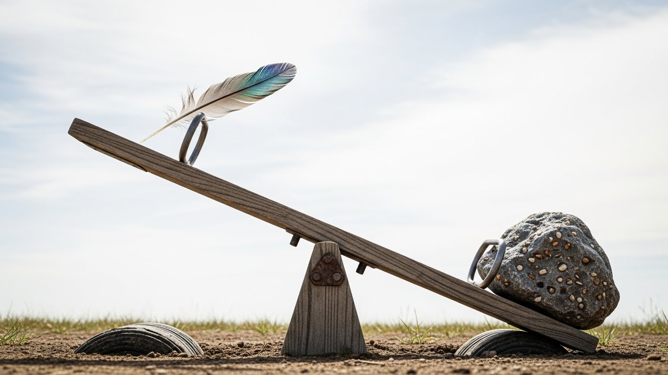 An unbalanced seesaw where a small, light feather (preferred stock) is high up in the air on one end, while a heavy rock (common stock) is stuck to the ground on the other end.