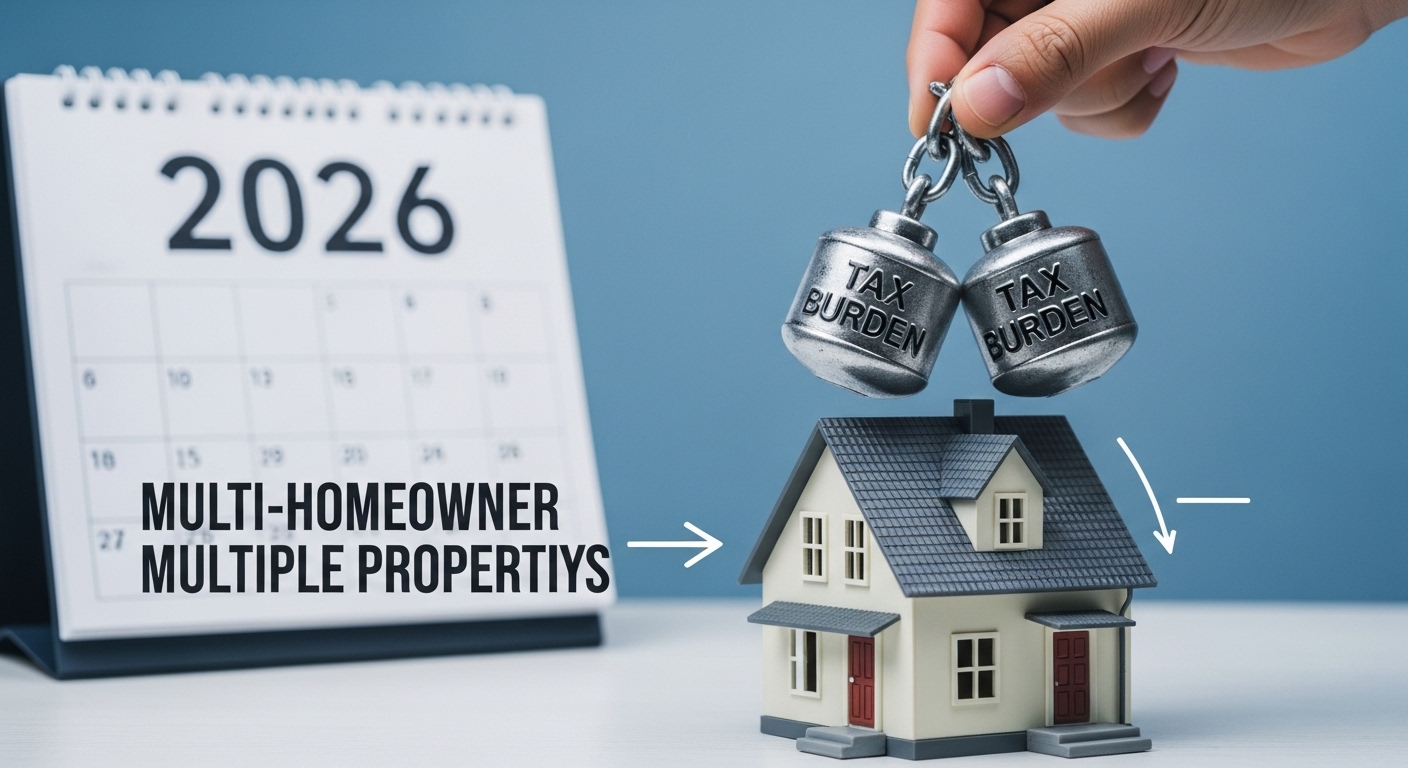 2026년 다주택자 세금 완화 정책을 상징하는 이미지. 손이 주택에 묶인 세금 부담을 덜어주는 모습을 통해 취득세와 양도세 완화를 나타냄.