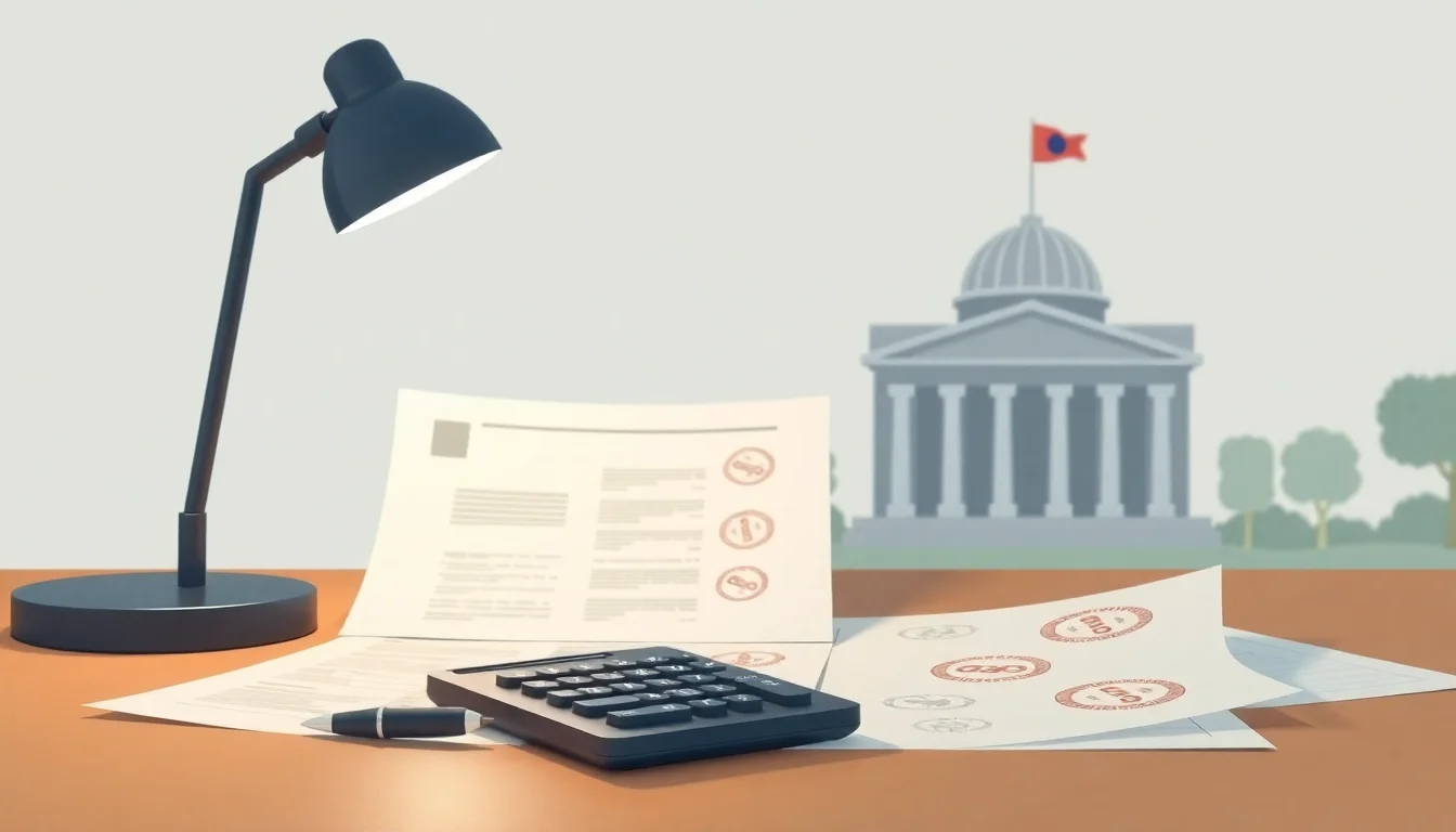 책상 위에 놓인 계산기, 펜, 서류와 뒤편의 건물 풍경