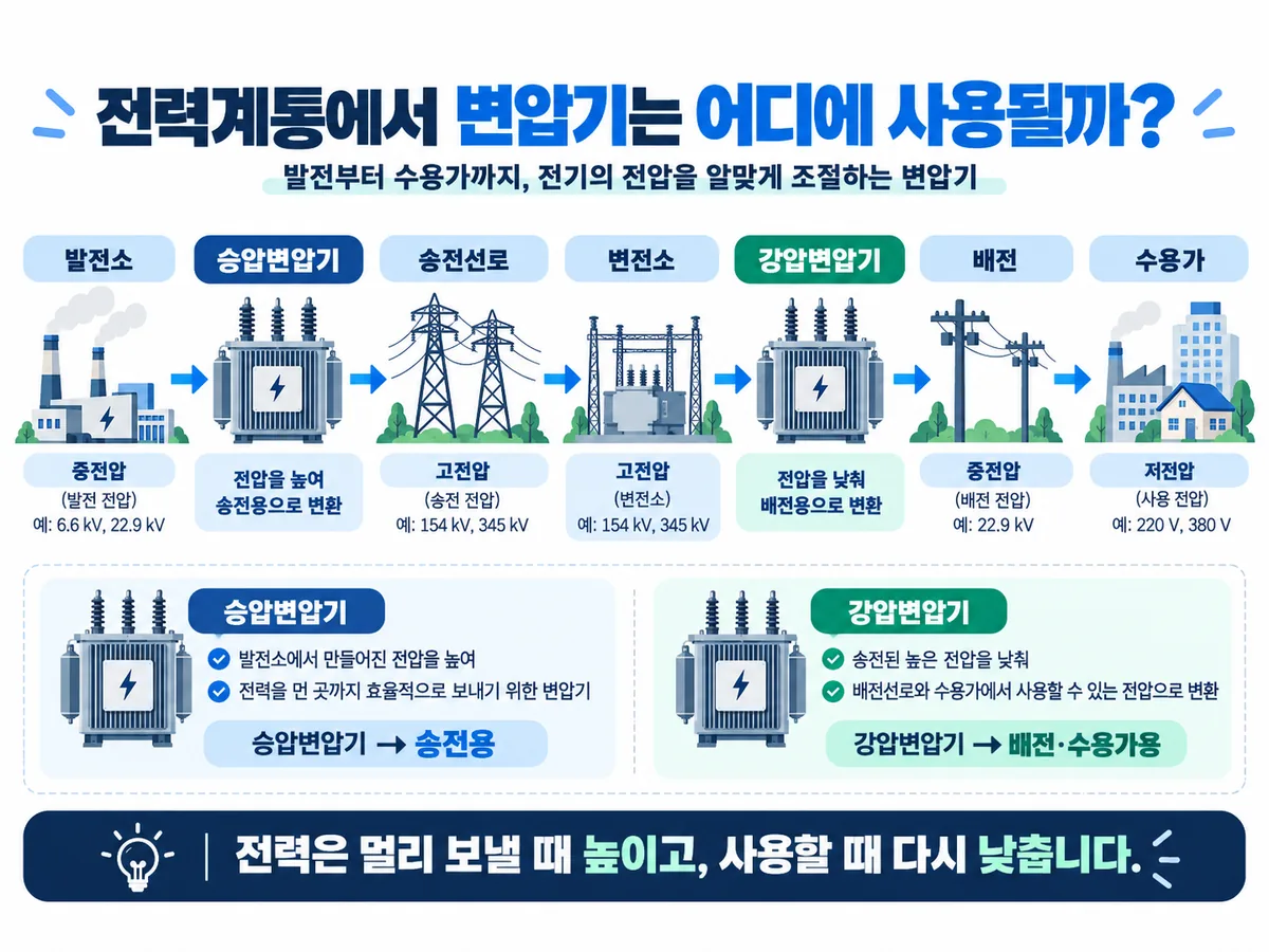 발전소 승압변압기 송전선로 변전소 강압변압기 배전을 거쳐 수용가까지 이어지는 전력계통 구조