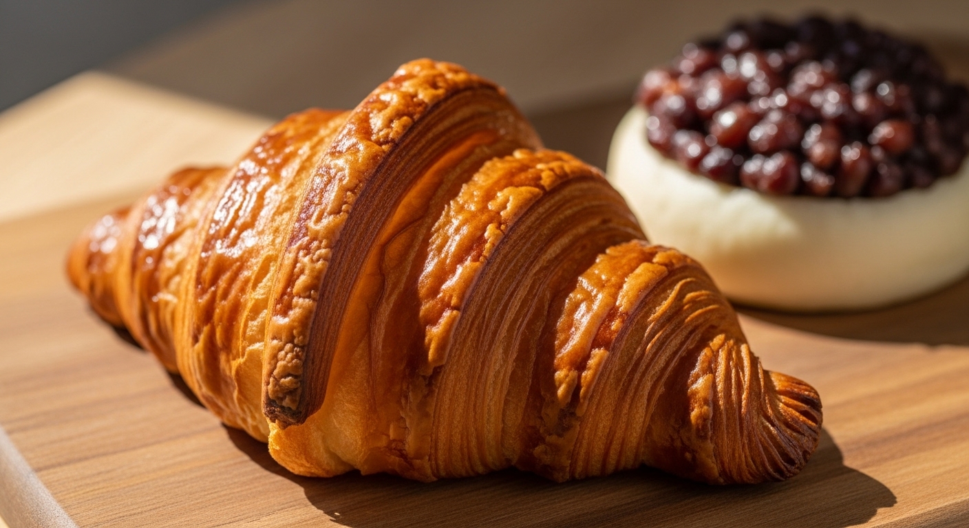 르블랑 제빵소의 바삭하고 황금빛 크루아상 근접 사진. 완벽한 페이스트리 겹과 촉촉한 속을 보여주며 식감을 자극한다. 배경에는 봉명동 레트로의 단팥빵이 흐릿하게 보인다.