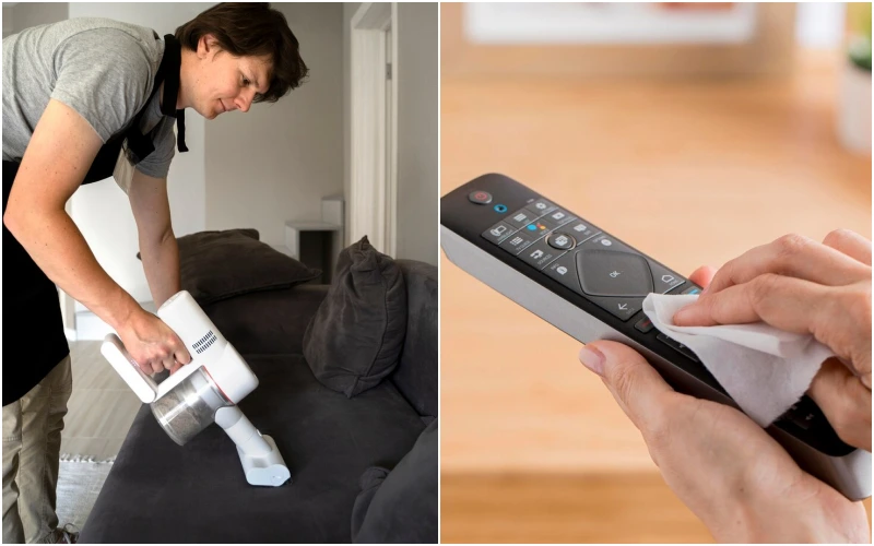 소파와 리모컨을 청소하는 남자