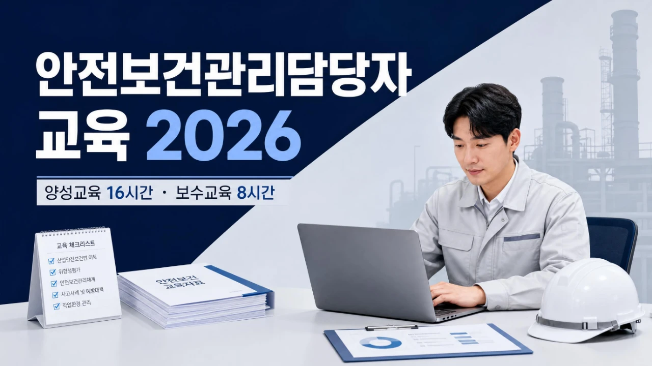 2026년 안전보건관리담당자 양성교육 16시간과 보수교육 8시간을 설명하는 이미지