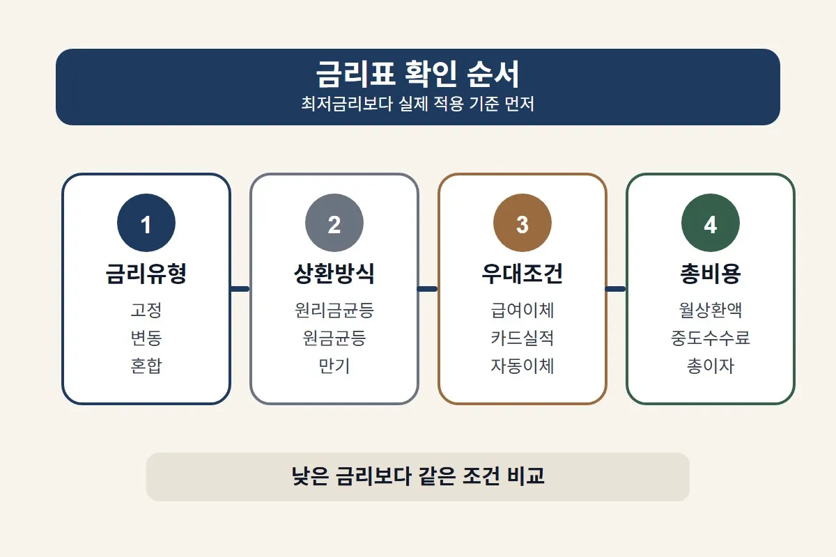 주택담보대출 금리비교 전 금리유형, 상환방식, 우대조건, 총비용 순서로 확인해야 할 기준을 정리한 이미지