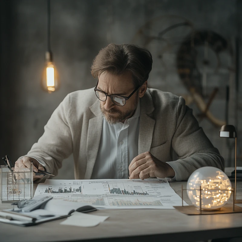 전문 투자자가 고급 사무실에서 월배당 ETF와 고배당 하이리스크 ETF 비교 그래프를 분석하는 장면. 따뜻한 조명 아래 데이터 해석 중.