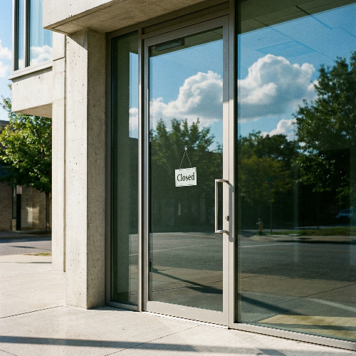 맑은 하늘과 푸른 나무가 비치는 현대적인 오피스 빌딩 유리문에 'Closed(휴무)' 표지판이 걸려 있는 모습. 도심 속 평화로운 휴일의 분위기를 전달하며, 근로자의 날을 맞아 고요해진 비즈니스 구역을 묘사한 8k 미니멀리즘 사진