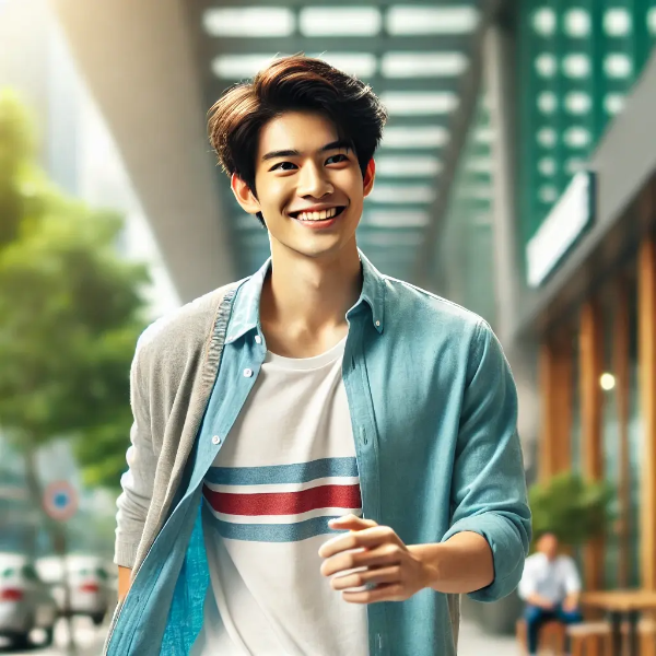 밝은 자연광 속에서 활기차게 걷는 건강한 아시아 남성