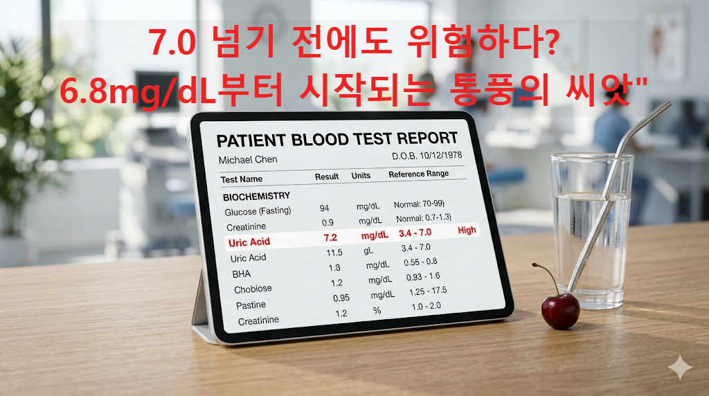 2026 요산 수치 정상범위(7.0)와 결정체 형성 기준(6.8)을 설명하는 건강검진 결과지 이미지
