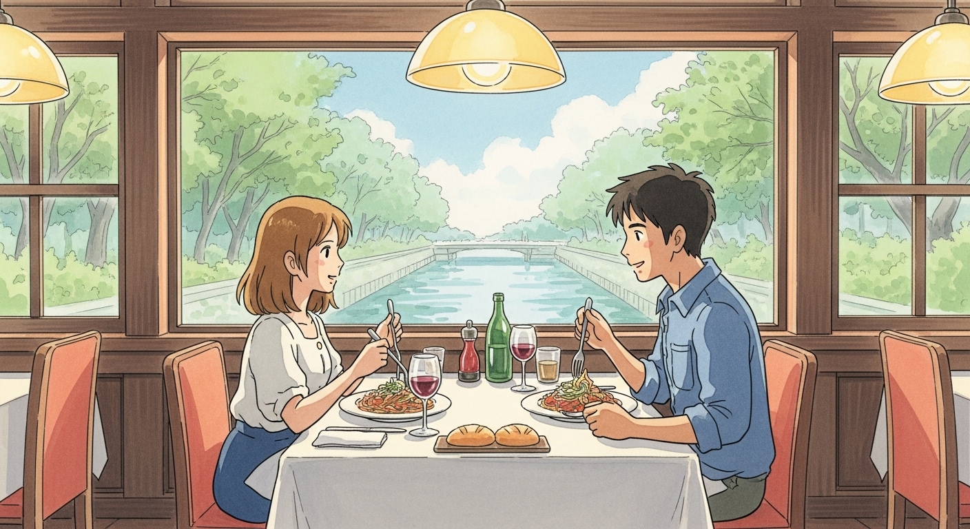 미사리 조정경기장 전망이 보이는 레스토랑에서 파스타를 먹으며 마주보고 대화하는 30대 커플, 지브리 애니메이션 스타일 일러스트