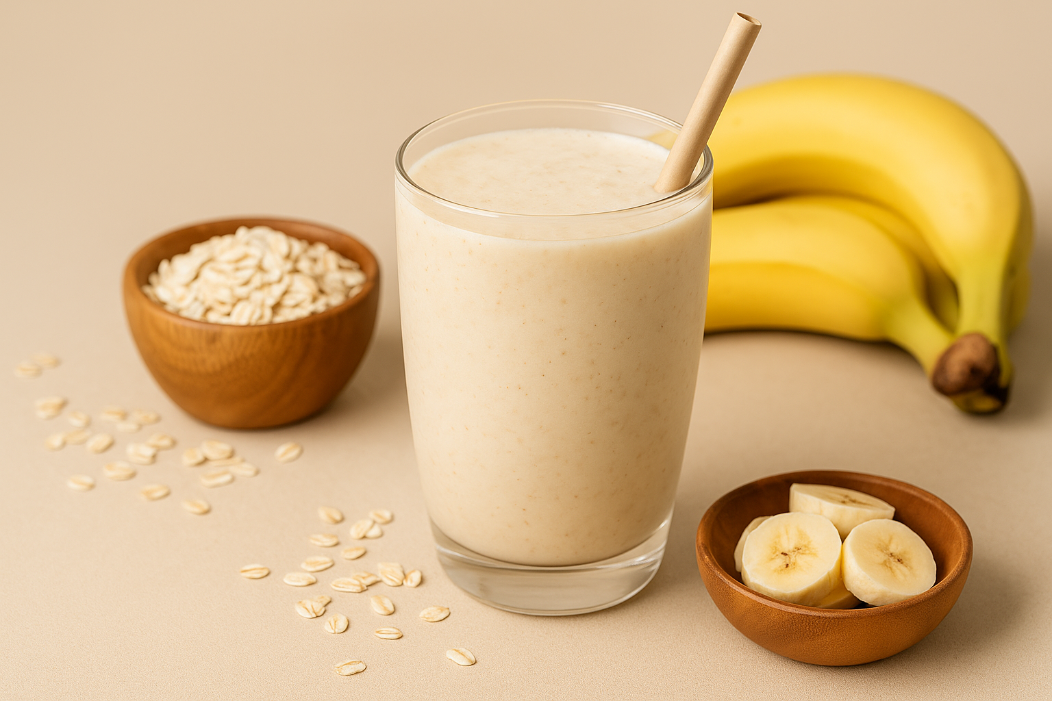 오트밀과 바나나가 들어간 건강한 쉐이크 한 잔, 옆에 바나나와 오트밀