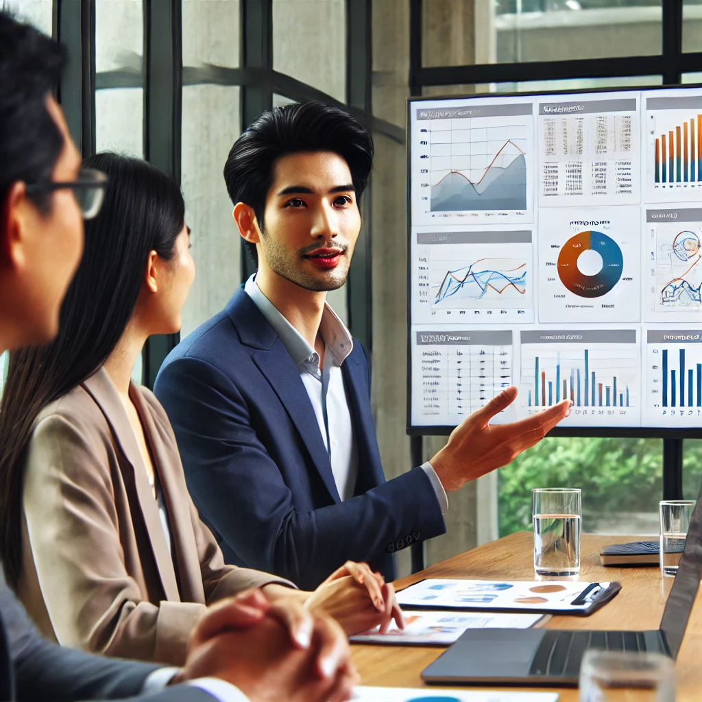 20대 후반의 한국 직장인이 현대식 사무실 회의 중 동료들에게 차트와 데이터 분석이 포함된 잘 구성된 엑셀 대시보드를 발표하고 있는 모습