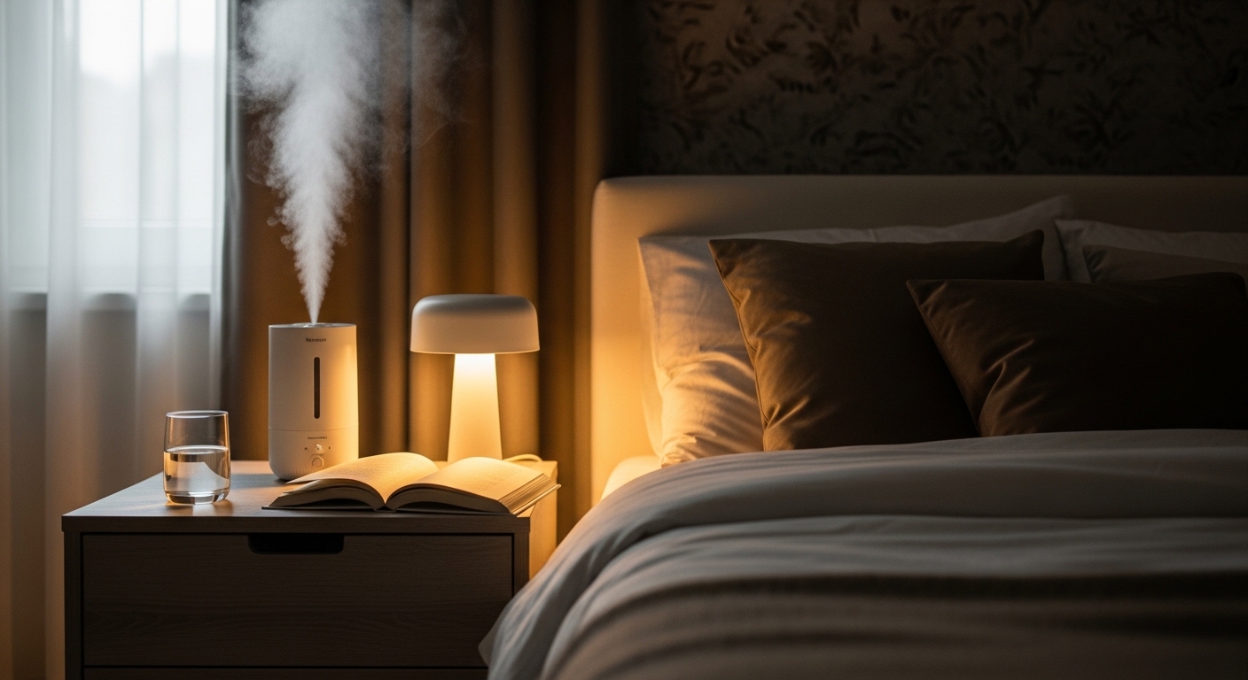수면 중 코막힘 예방을 위해 가습기를 사용하는 침실 환경