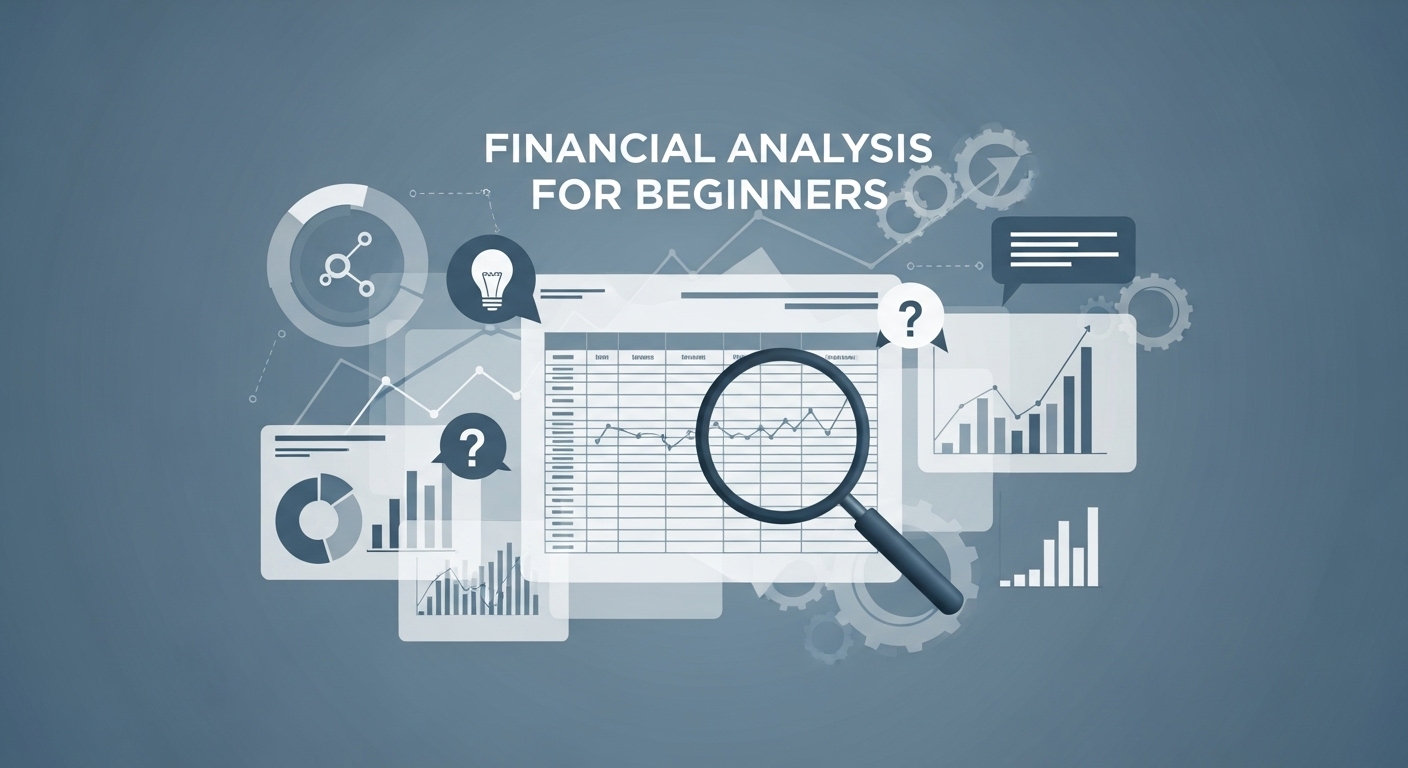 다양한 재무제표와 그래프, 돋보기가 놓여 있어 기업 분석을 하는 모습을 상징하는 이미지. 재무 용어 해설을 통해 초보자도 기업 분석을 쉽게 할 수 있다는 것을 보여줍니다.