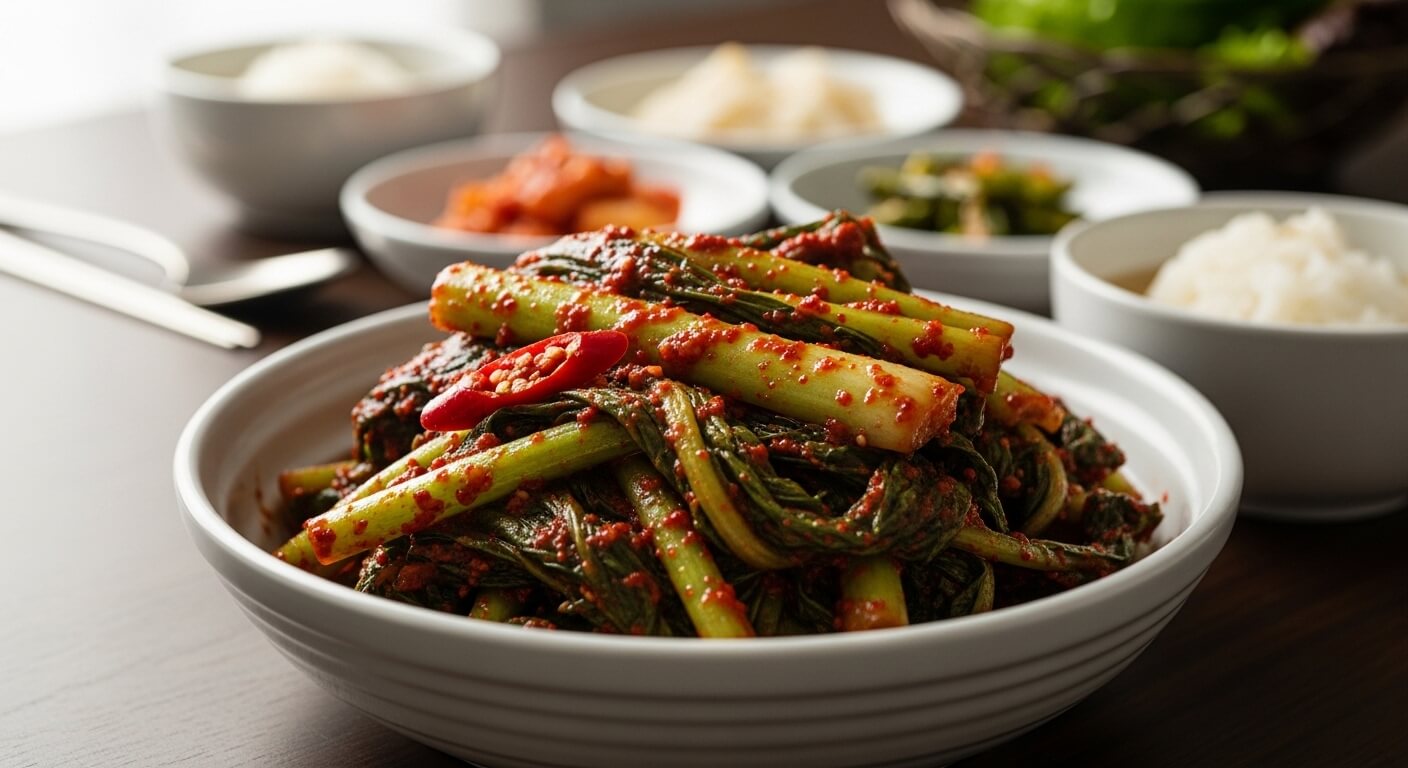 고들빼기 김치 완성 모습 매콤한 양념과 줄기 식감