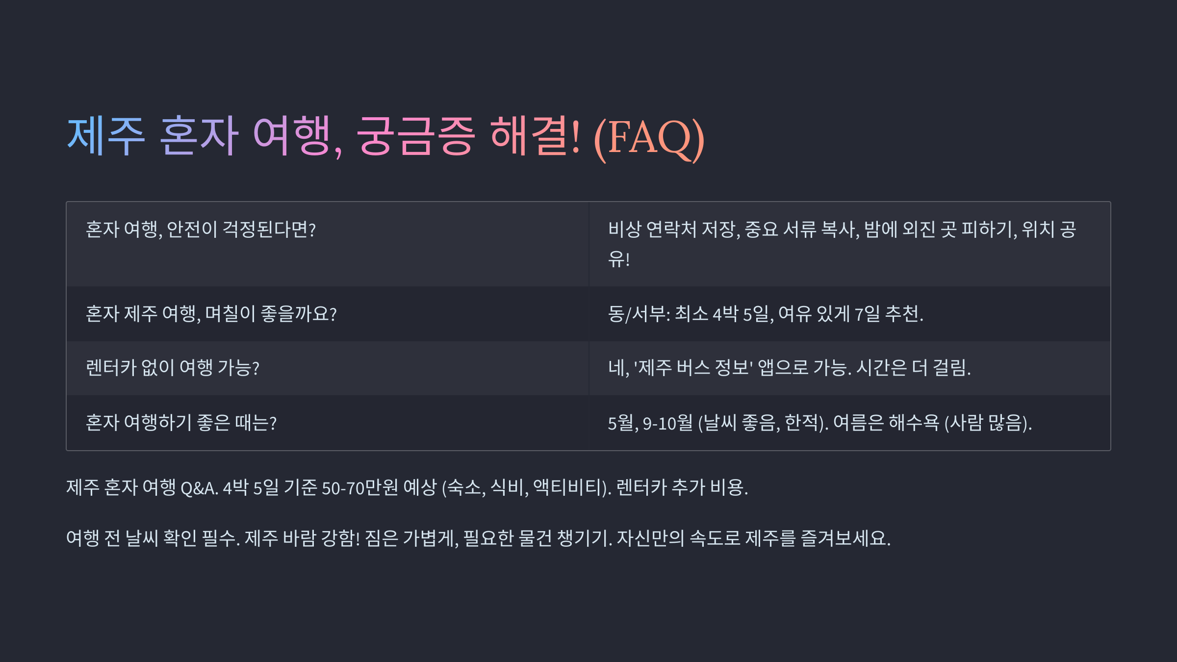 혼자 제주도 여행 자주 묻는 질문 (FAQ)