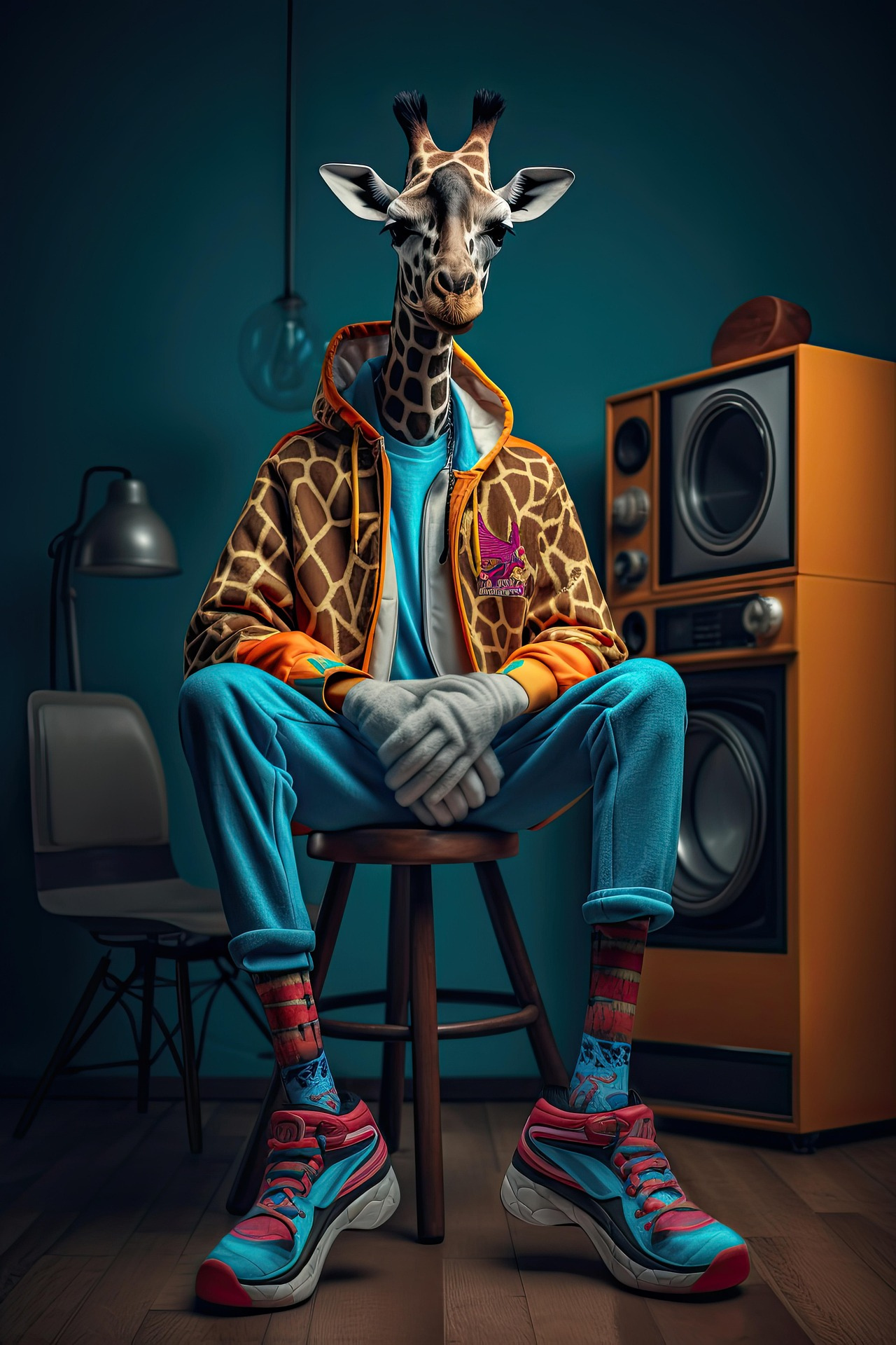 엣지있는 젊은 기린남자가 의자에 앉아있는 모습 (자취남자 연상할수있는 이미지)