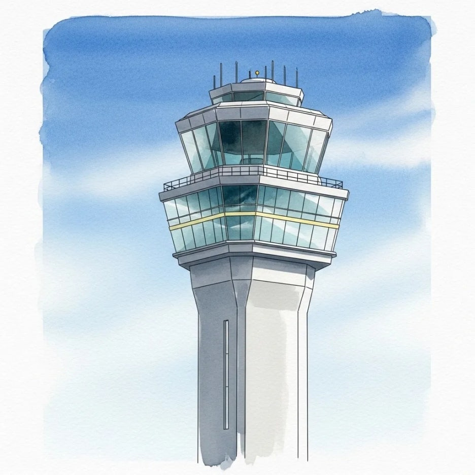 미래 지향적인 모습의 공항 관제탑 전경