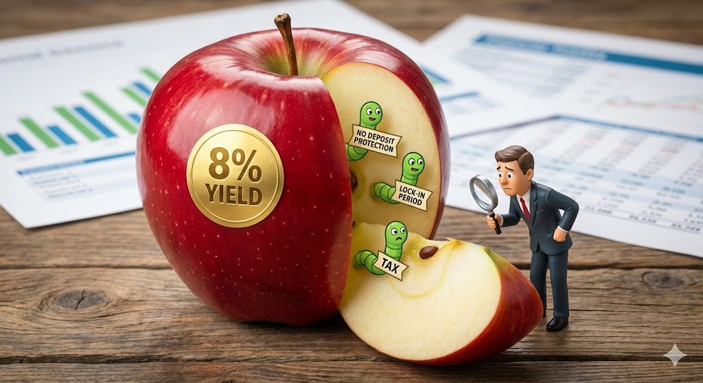 '높은 이자(8%)'라는 달콤한 사과를 먹으려는데, 그 안에 '예금자 비보호', '기간 약정', '세금'이라는 벌레들이 숨어있는 그림