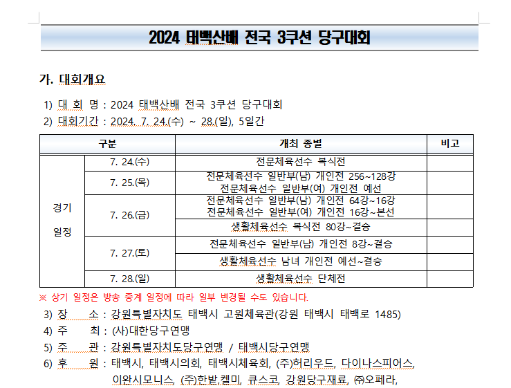 2024 태백산배 전국 3쿠션 당구대회 대회개요