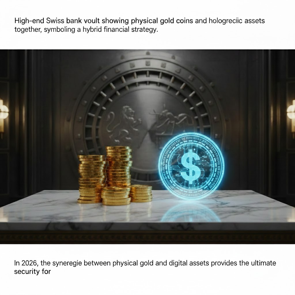 (A high-end Swiss bank vault showing physical gold coins and holographic digital assets together, symbolizing a hybrid financial strategy.)