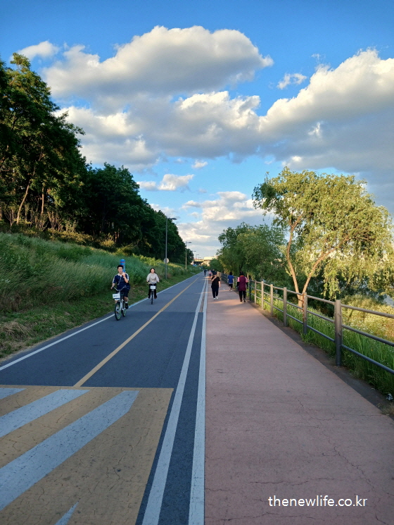 A beautiful riverside walking path with people cycling and walking under a clear blue sky in Korea./ 맑은 하늘 아래 강변 산책로에서 자전거와 걷기 운동을 즐기는 사람들 모습.