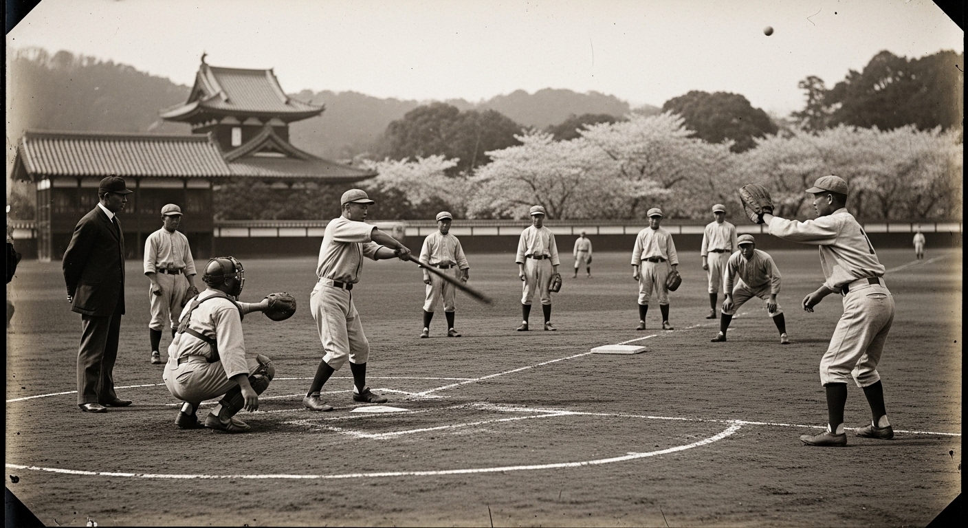19세기 말 또는 20세기 초 일본에서 초기 야구 경기가 진행되는 흑백 사진. 전통 유니폼을 입은 선수들이 경기하는 모습.