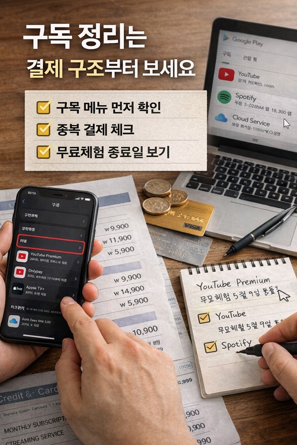 애플과 구글 구독 메뉴, 카드 결제 내역, 무료체험 종료일을 함께 확인하며 구독 서비스를 정리하는 방법을 보여주는 체크리스트 이미지