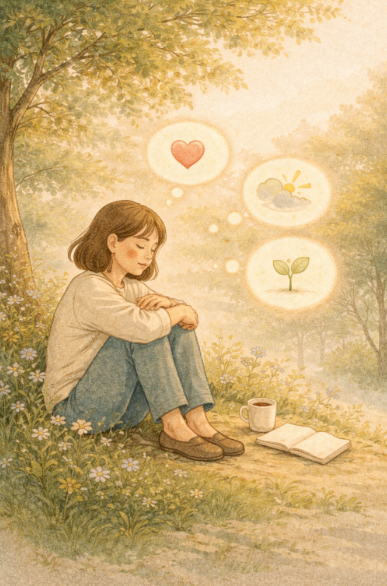 나무 밑에 앉아 여유로운 오후의 사색을 즐기는 모습 사진