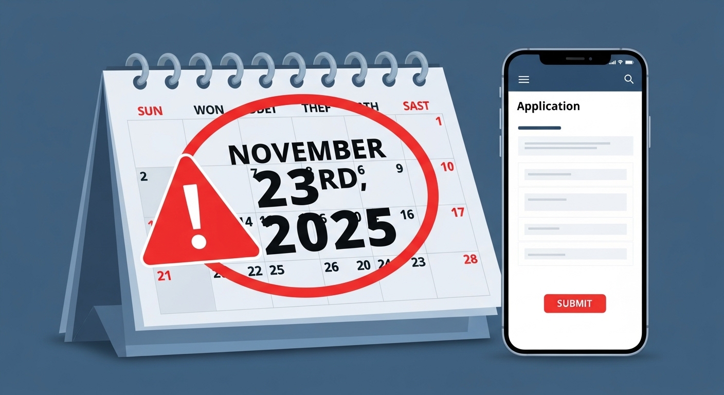 2025년 11월 23일이 강조된 달력과 온라인 신청 화면이 보이는 스마트폰. 신청 마감일의 긴급성을 나타냅니다.