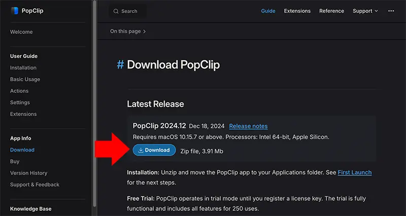 popclip 웹사이트에서 트라이얼 버전 압축 파일을 다운 받는다.