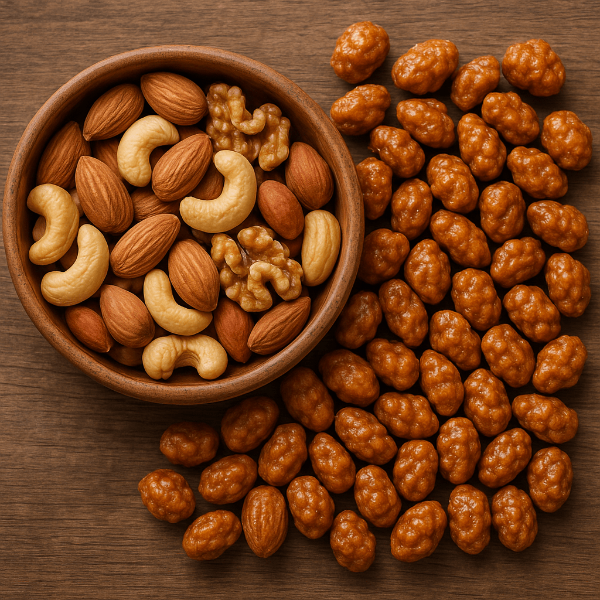 그릇안에 담겨있는 견과류와 테이블위
땅콩들