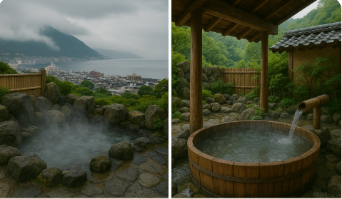 벳푸 온천과 고베 온천의 비교 풍경사진