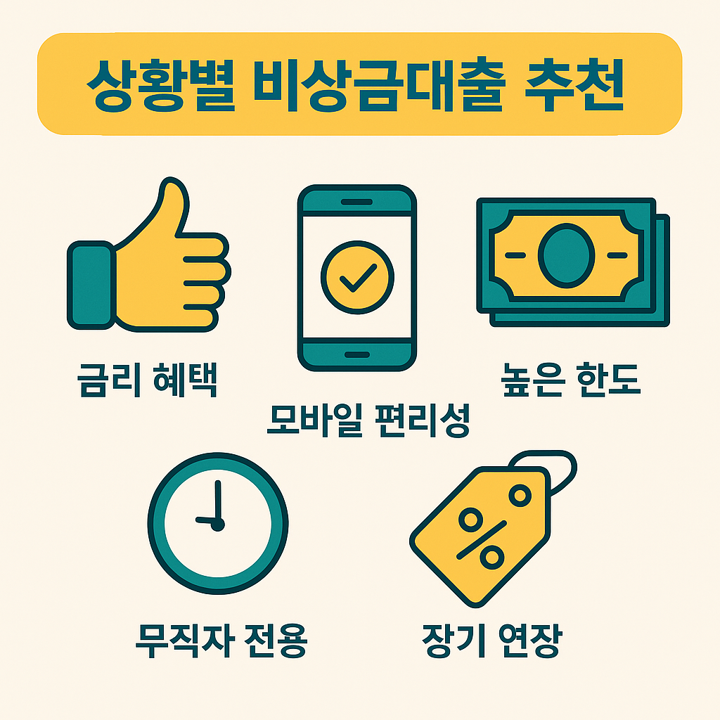 무직자 비상금대출 선택 시 금리 혜택, 높은 한도, 모바일 편리성, 무직자 전용, 장기 연장 등 상황별 추천 요소를 담은 인포그래픽