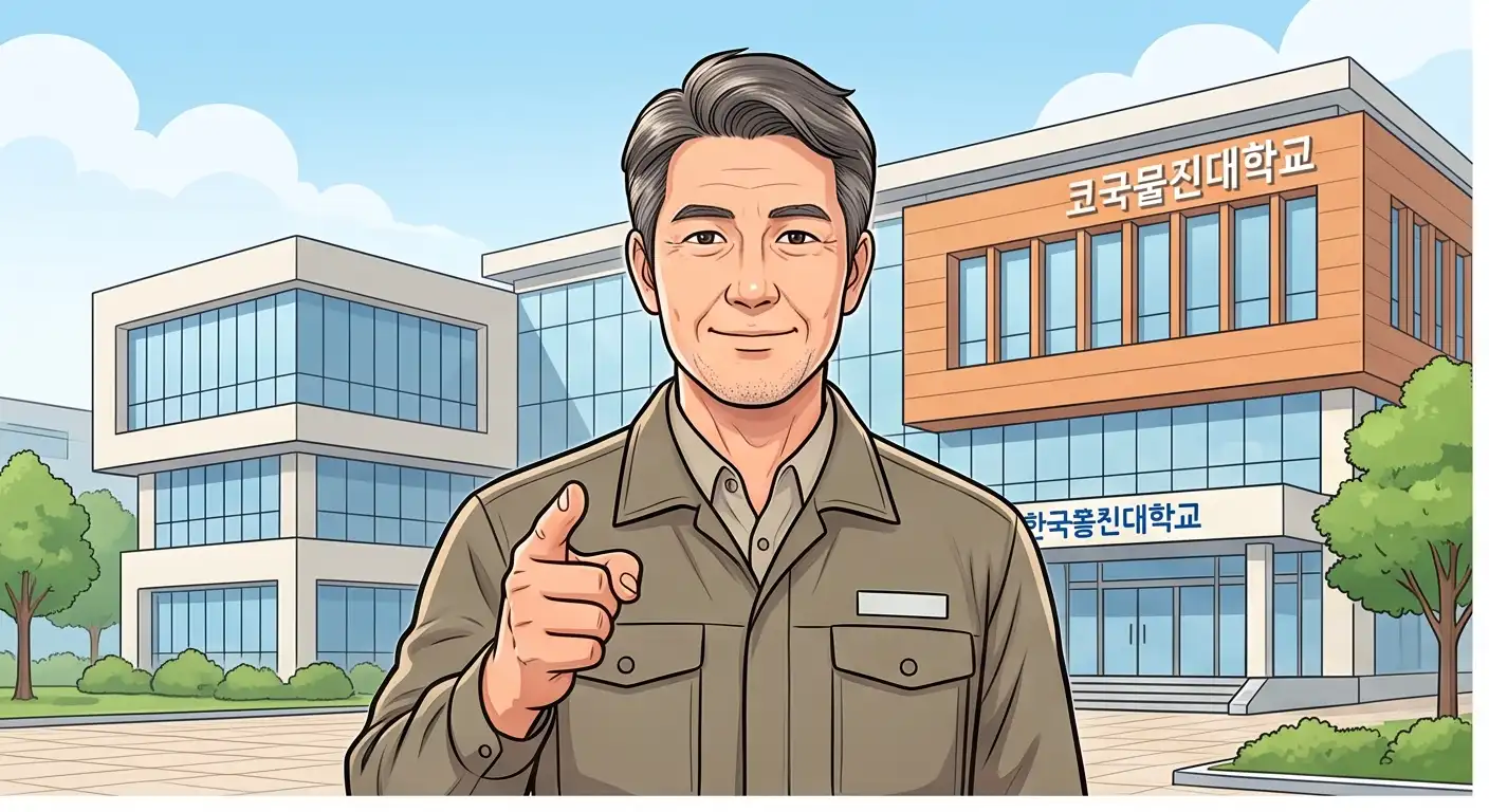 폴리텍 캠퍼스를 배경으로 작업복을 입고 자신감 있게 정면을 가리키는 중장년 남성 일러스트