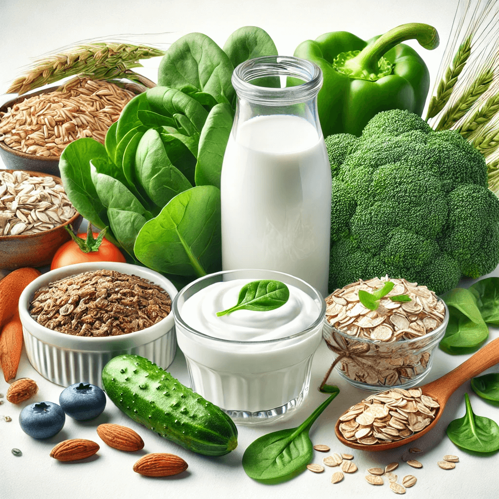 저지방우유, 야채, 견과류가 나열되어 있는 이미지