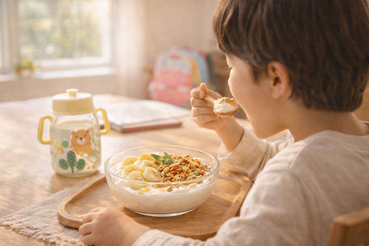 오후 햇살이 따스하게 비추는 식탁 의자에 앉아, 엄마가 만들어준 바나나 오트밀 요거트를 양손에 들고 야무지게 한입 크게 베어 물고 있는 초등 저학년 아이의 옆모습. 아이 앞 식탁 위에는 요거트 볼과 귀여운 캐릭터 물컵이 놓여 있고, 아이의 오물오물 먹는 행복한 표정에서 엄마표 간식에 대한 만족감이 가득 느껴지는 생동감 넘치는 감성 사진.