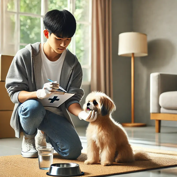 반려견의 잇몸 상태를 확인하며 건강 기록 노트를 들고 있는 동양인 젊은 남성